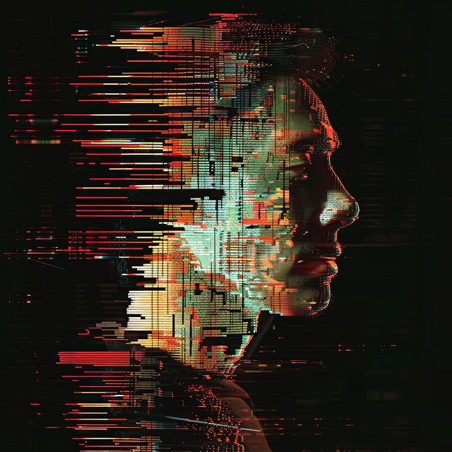 Profile silhouette of a person with digital glitch effects, pixelated distortion, and colorful data corruption streaks
