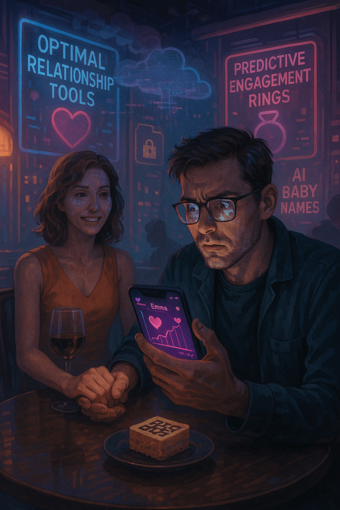 A man in glasses focused on his smartphone while a woman sits smiling beside him in a neon-lit futuristic bar with digital displays