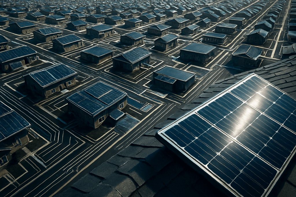 Aerial view of suburban housing estate with solar panels on every rooftop, creating a geometric grid pattern that resembles electronic circuitry, with bright sunlight reflecting off the metallic panels