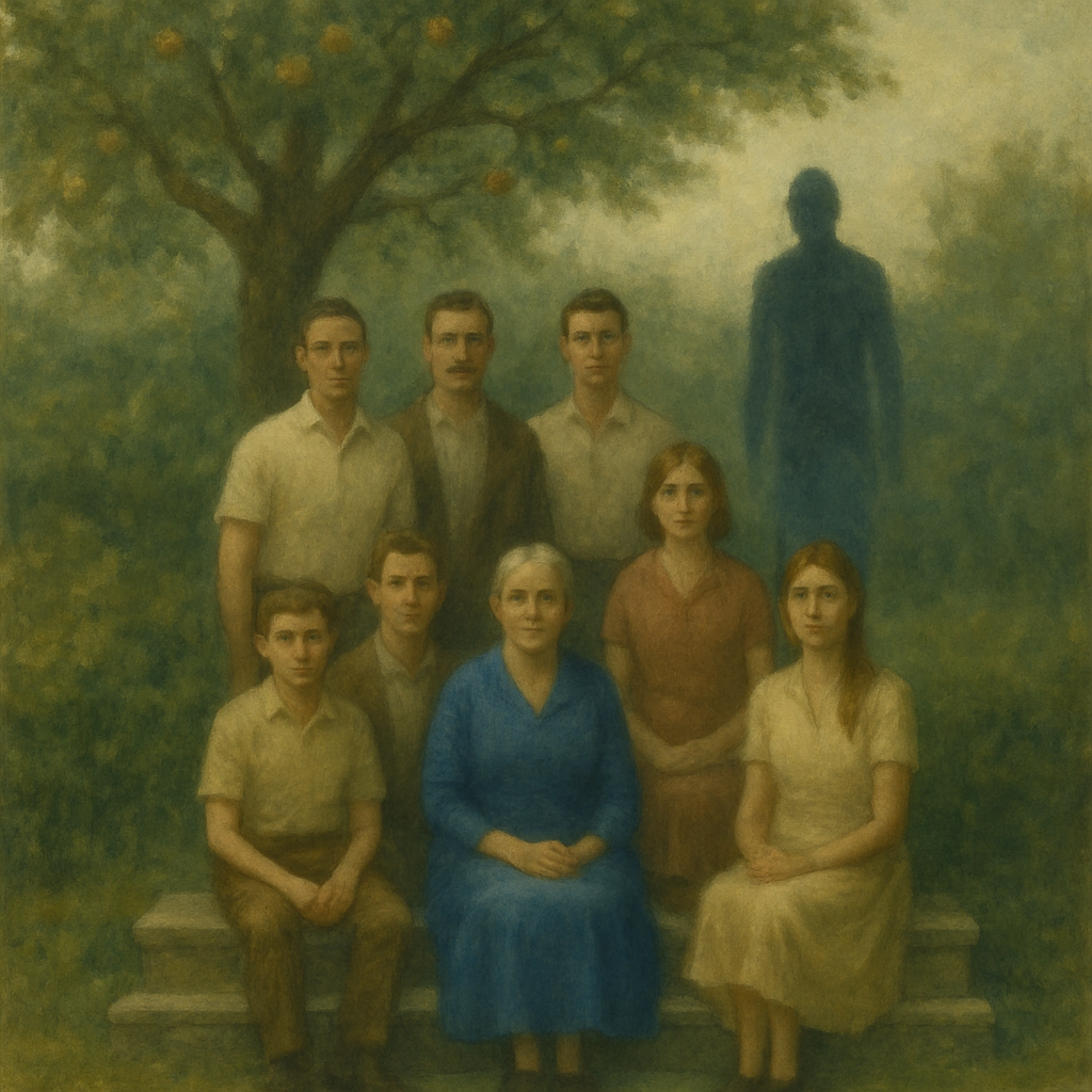 A painted family portrait showing seven people arranged on stone steps in a garden setting with an old tree in the background. An eighth figure, a tall dark silhouette, stands some distance behind the seated family group.