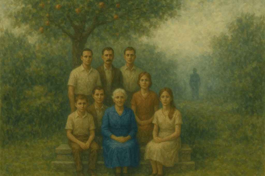 A painted family portrait showing seven people arranged on stone steps in a garden setting with an old tree in the background. An eighth figure, a tall dark silhouette, in the distance, though clearly visible, behind the seated family group.