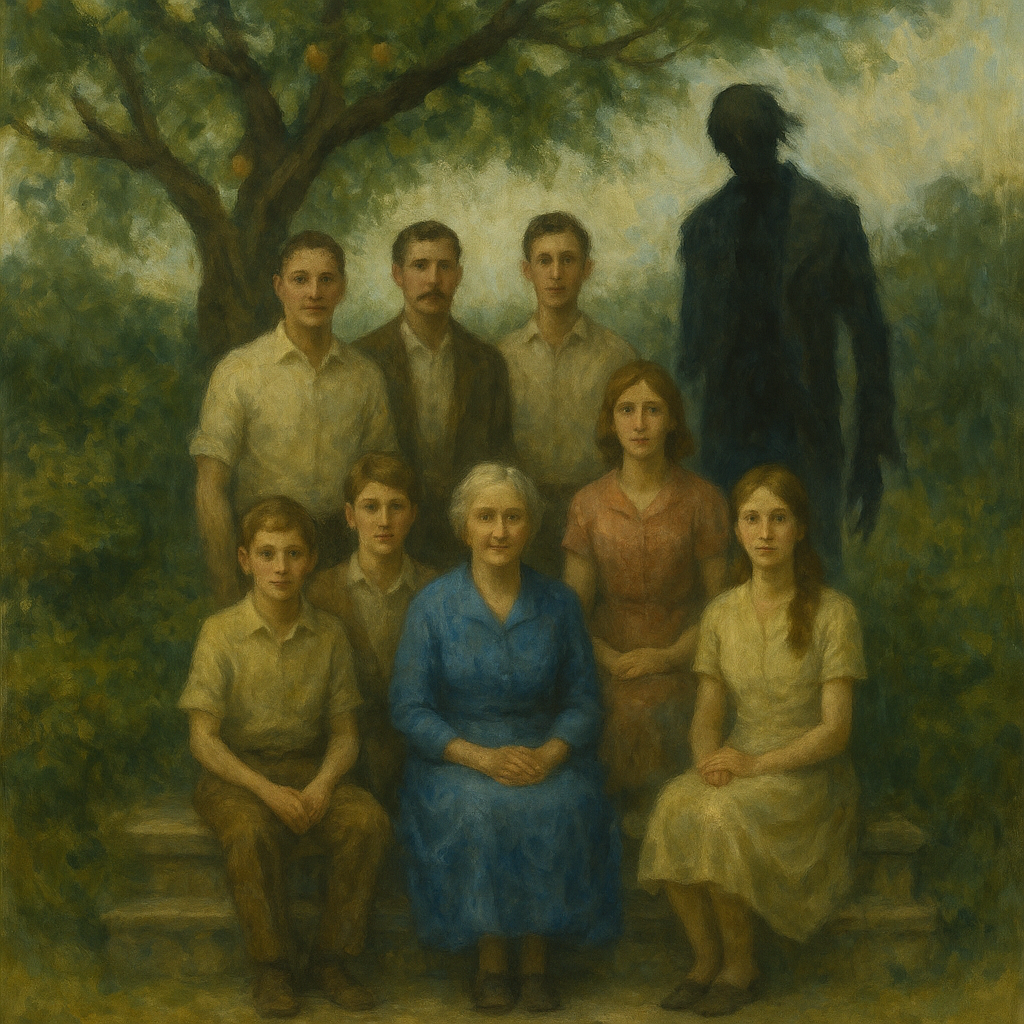 Alt text: "A painted family portrait showing seven people arranged on stone steps in a garden setting with an old tree in the background. An eighth figure, a tall dark silhouette, stands ominously behind the seated family group.