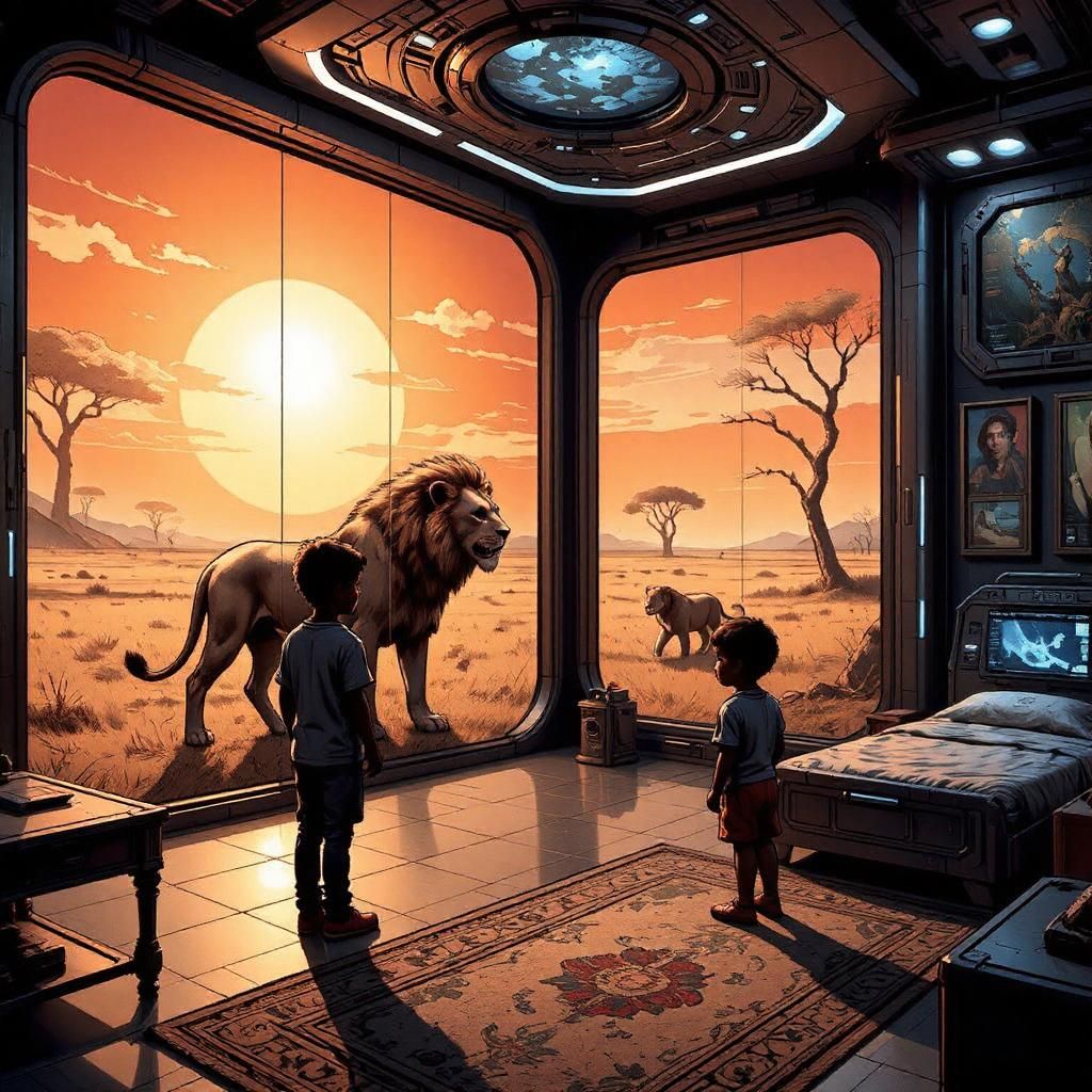 Two children stand in a futuristic nursery room watching a large lion in an African savanna scene displayed on the walls, with acacia trees and an orange sunset creating an immersive virtual reality environment that illustrates Bradbury's "The Veldt."