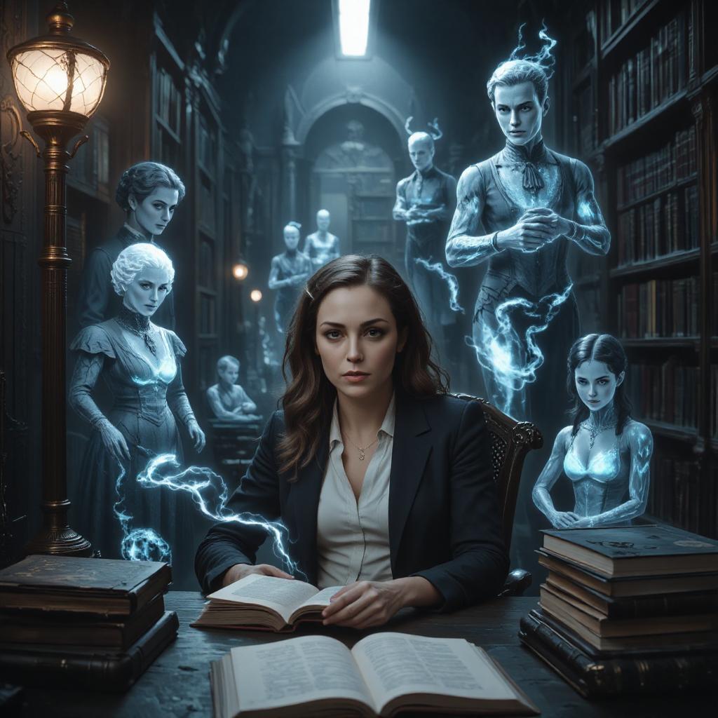 A contemporary woman with dark hair sits at a wooden table in a dimly lit library, reading an open book with stacks of books beside her. She's surrounded by translucent, ghostly figures from different historical periods - including Victorian-era women in period dress and other spectral forms rendered in ethereal blue light. The library setting features towering bookshelves stretching into shadows, warm lamplight contrasting with the cold supernatural glow emanating from the phantom figures. The atmosphere is gothic and unsettling, suggesting memories and experiences bleeding through from the books into reality.