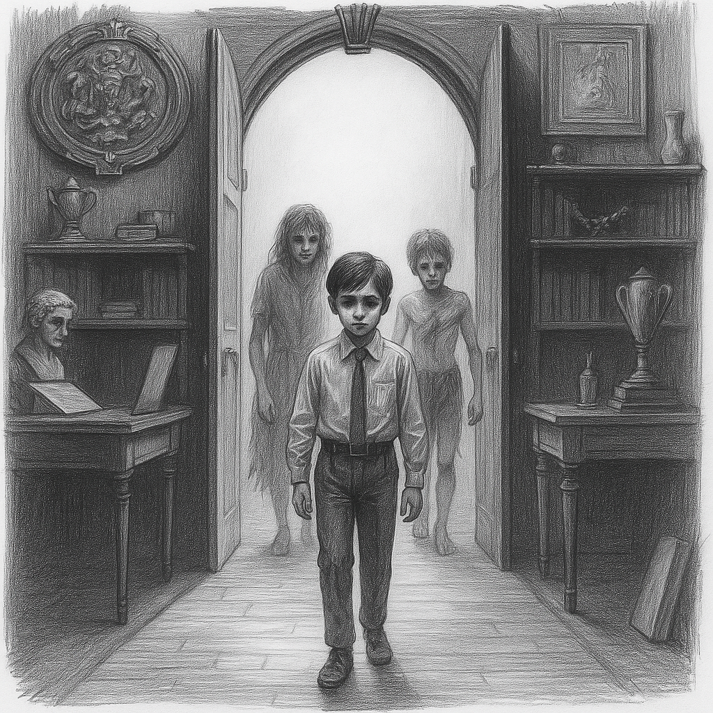 A boy in a grand, wood-panelled room with two ghostly children behind him: a girl, wearing ragged clothes and a boy with a visible chest-wound.