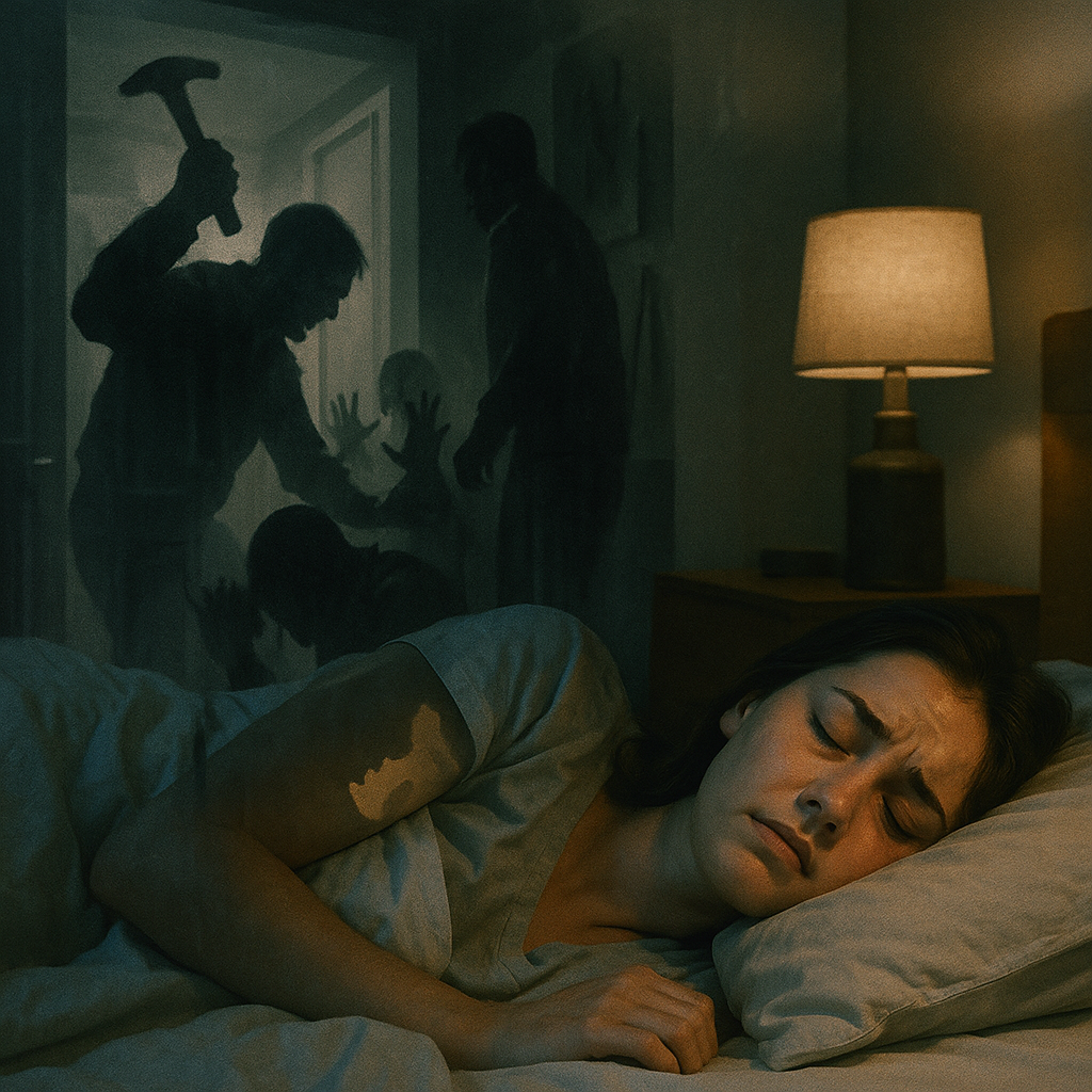 A woman lies peacefully sleeping in bed while ghostly, translucent images of a violent crime scene overlay the background. The shadowy figures show an attacker wielding a hammer in what appears to be a cramped flat, while the woman remains unaware in her modern bedroom. The composition uses layered transparency effects to blend the peaceful present with the violent past, creating a sense of two realities existing simultaneously. The lighting contrasts warm, safe bedroom tones with cold, menacing shadows from the crime scene, emphasizing the danger of being caught between worlds through lucid dreaming.
