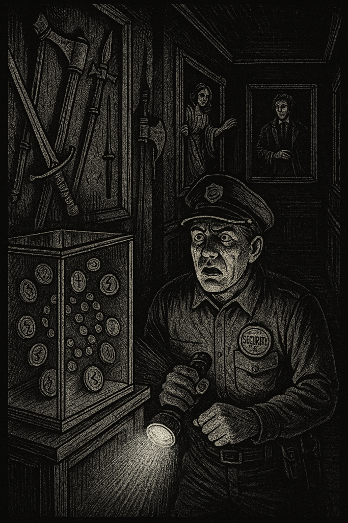 A terrified security guard in uniform holds a torch while examining a display case of ancient Roman coins in a darkened museum. The image is rendered in a detailed black and white engraving style reminiscent of Victorian horror illustrations. Medieval weapons hang on the walls in the background, and framed portraits loom ominously from the shadows. The guard's face shows shock and fear as he discovers the coins have mysteriously rearranged themselves. The gothic atmosphere is enhanced by dramatic lighting and intricate cross-hatching that creates deep shadows throughout the museum corridor.