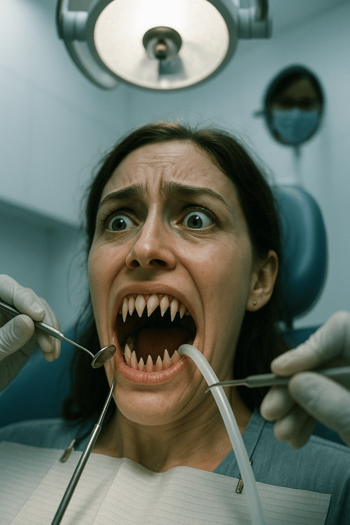 The same woman in the dentist's chair now displaying rows of sharp, pointed fangs where her normal teeth should be. Her mouth is open wide revealing the complete transformation, while the clinical dental setting and equipment remain unchanged around her.