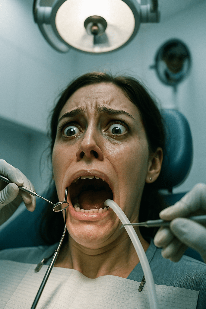 A woman lying in a dentist's chair with a terrified expression, her eyes wide with panic as dental instruments and a suction tube are positioned in her open mouth. The clinical setting is lit by harsh overhead dental lights, emphasizing her helplessness and fear during what appears to be a routine dental procedure.