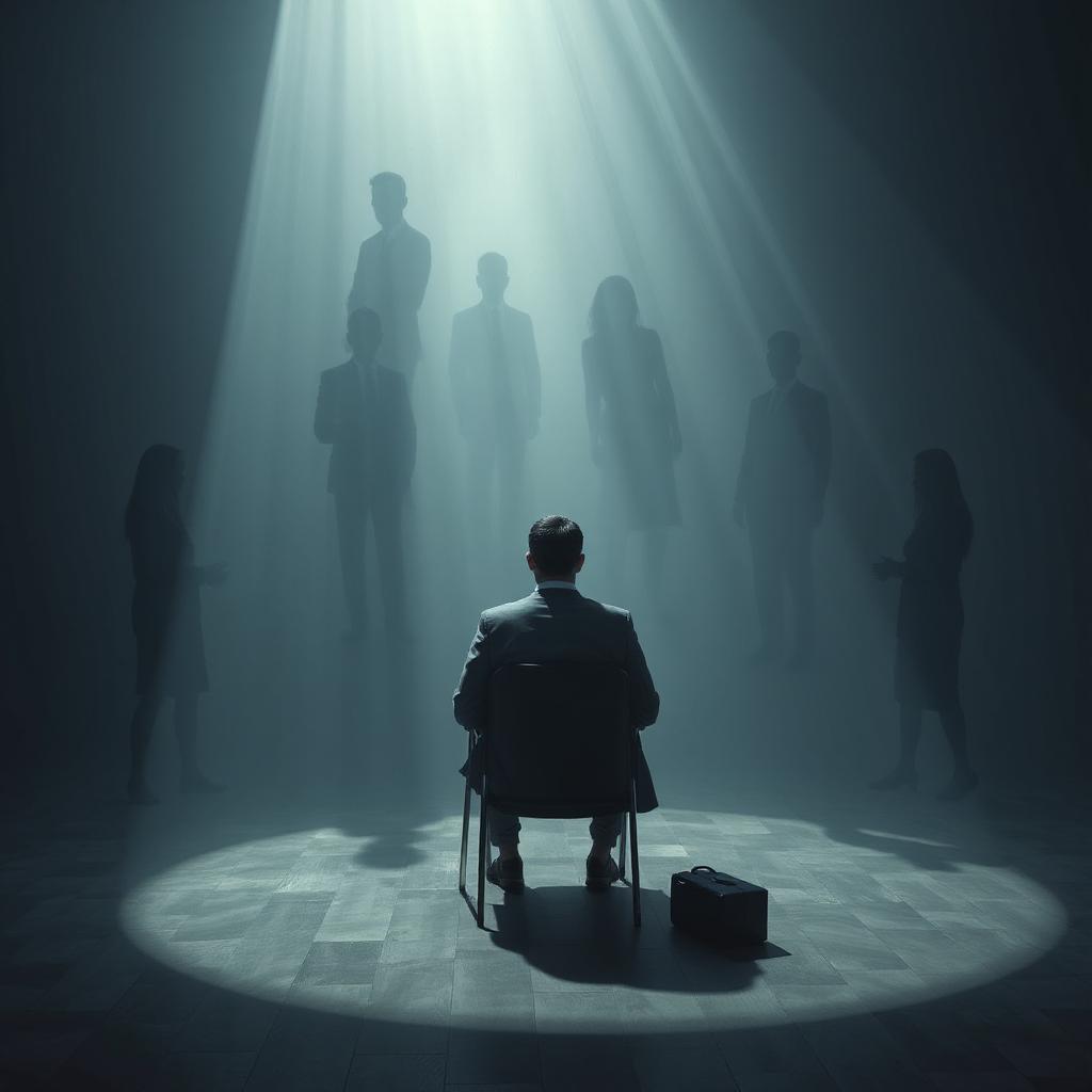 A man in a business suit sits alone on a chair in a spotlight, surrounded by ghostly silhouettes of people moving in the shadows, suggesting themes of isolation and social invisibility.