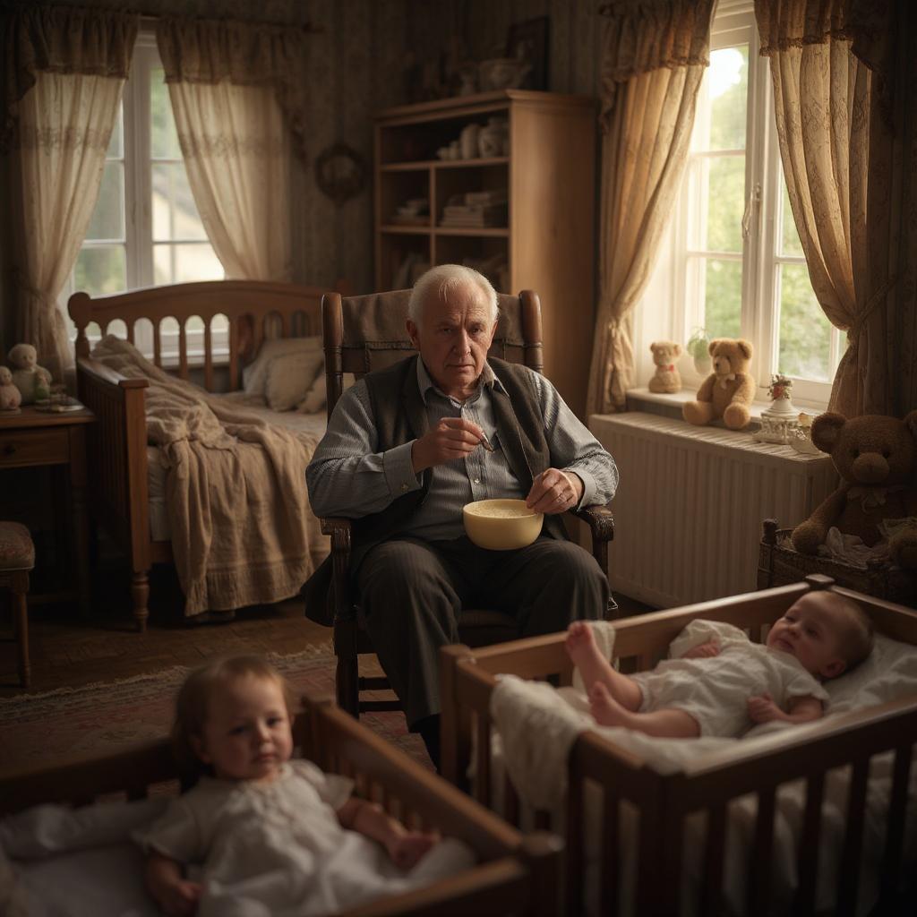 An elderly man in a cardigan sits in a wooden rocking chair in a vintage nursery, holding a bowl while surrounded by children lying motionless in wooden cribs. The room appears warmly lit with traditional furnishings, teddy bears on the windowsill, and patterned curtains. The man looks gentle and grandfatherly, but the children's unnaturally still poses and pale complexions suggest something deeply disturbing about this domestic scene. The atmosphere conveys a twisted version of nurturing care, where what appears to be a loving caretaker scenario masks something horrifying.