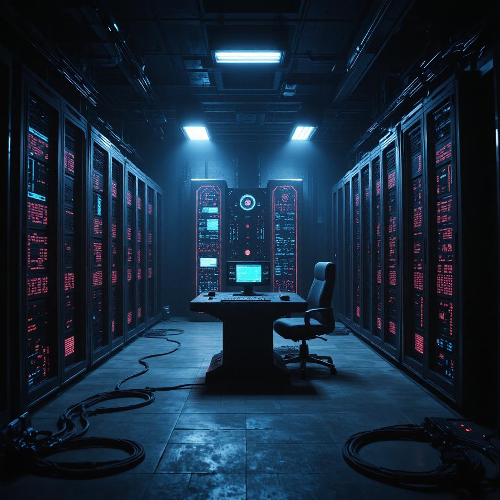 A dark server room with towering black server racks lined with glowing red and blue status lights stretching into shadows, illuminated by cold blue emergency lighting from overhead panels, featuring a single empty office chair facing a central control console with multiple monitors, thick cables snaking across the industrial floor, creating an atmosphere of technological isolation and ominous emptiness.