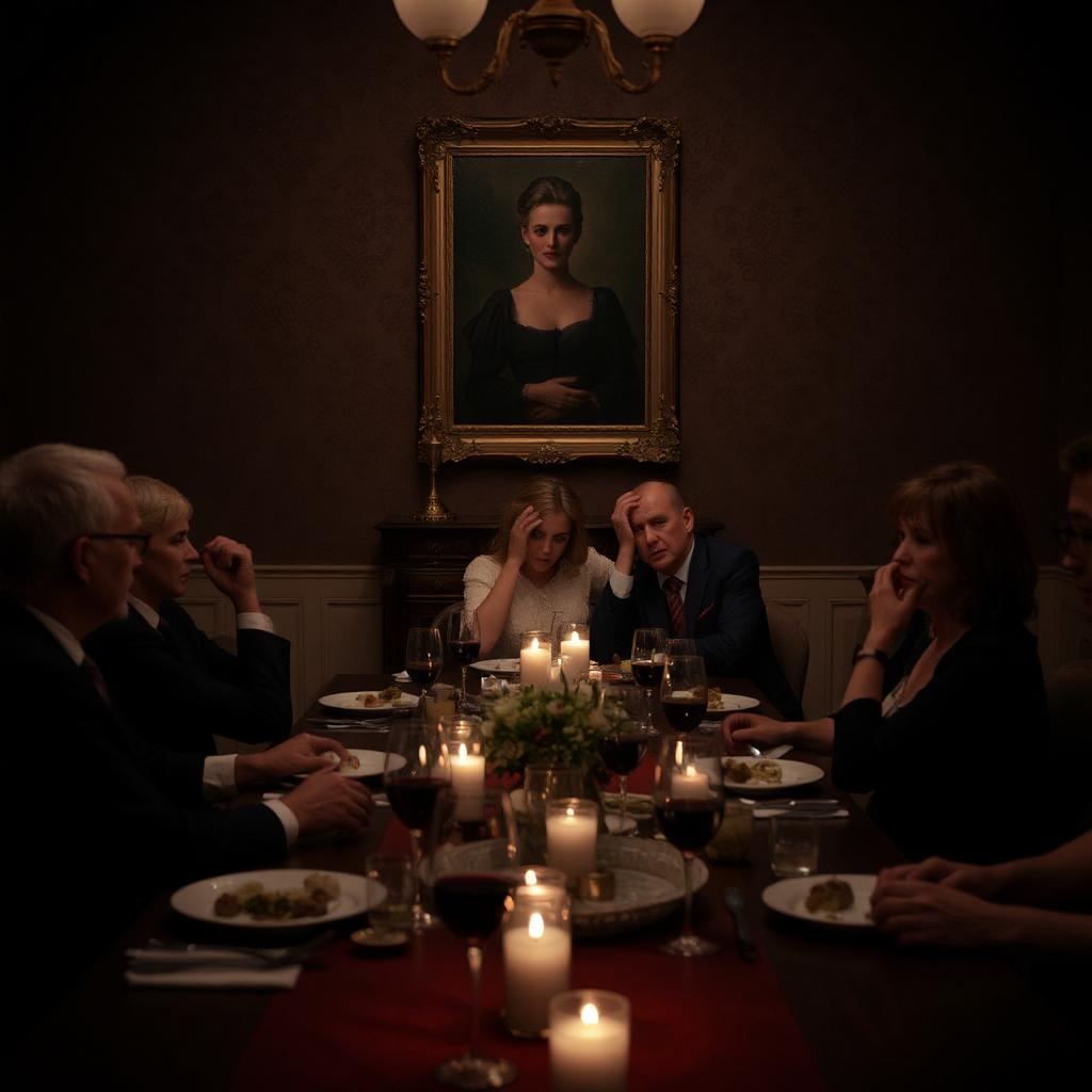 A distressed couple sits at an elegant dinner table with their heads in their hands while dinner guests continue eating around them in a candlelit dining room. The hosts appear overwhelmed and horrified while their guests remain eerily calm and detached. A classical portrait hangs on the dark wall above the scene, watching over the dinner party. The formal table setting with candles, wine glasses, and fine china creates an atmosphere of refined social gathering that has turned sinister. The lighting emphasises the contrast between the hosts' distress and their guests' unsettling composure.
