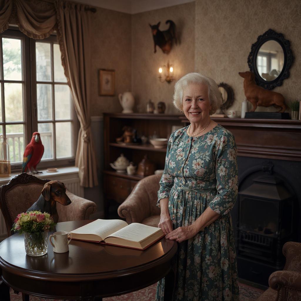 An elderly landlady in a floral dress stands smiling warmly beside a guest book in a cosy Victorian sitting room filled with taxidermy animals, teacups, and ornate furnishings, perfectly capturing the deceptive domesticity of Dahl's "The Landlady."
