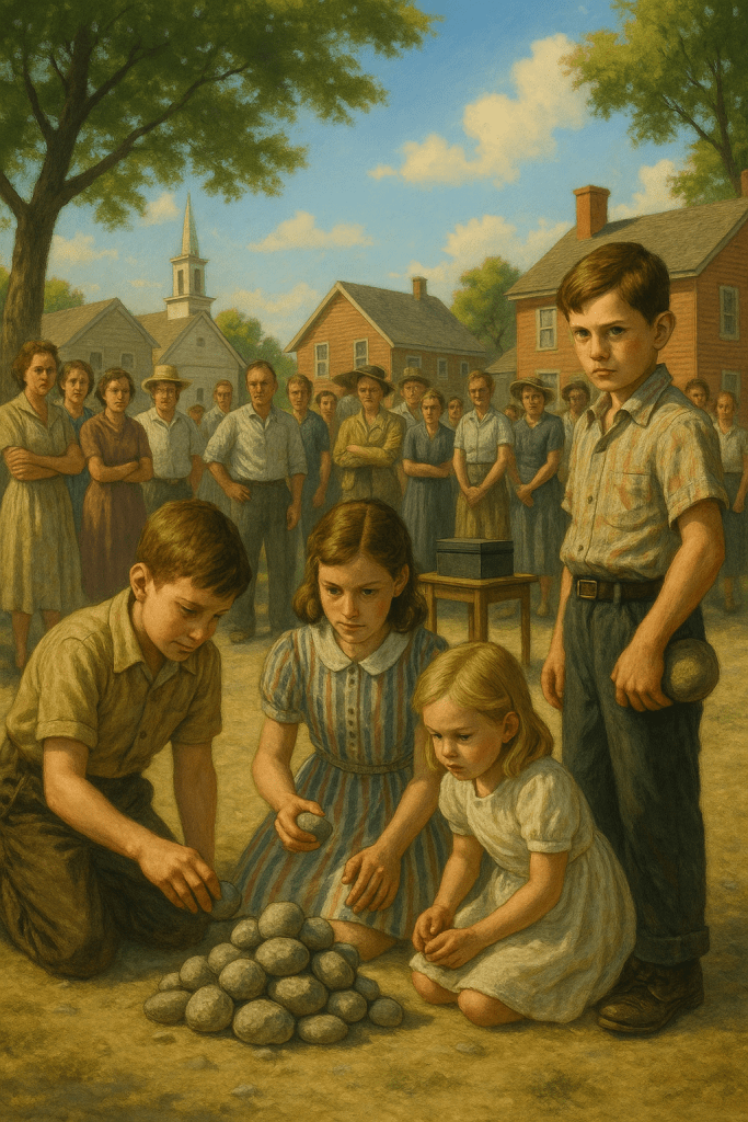 Children gathering stones in a small American town square while adults watch from behind, painted in a nostalgic 1940s style that appears innocent but carries darker undertones for those familiar with Shirley Jackson's "The Lottery"