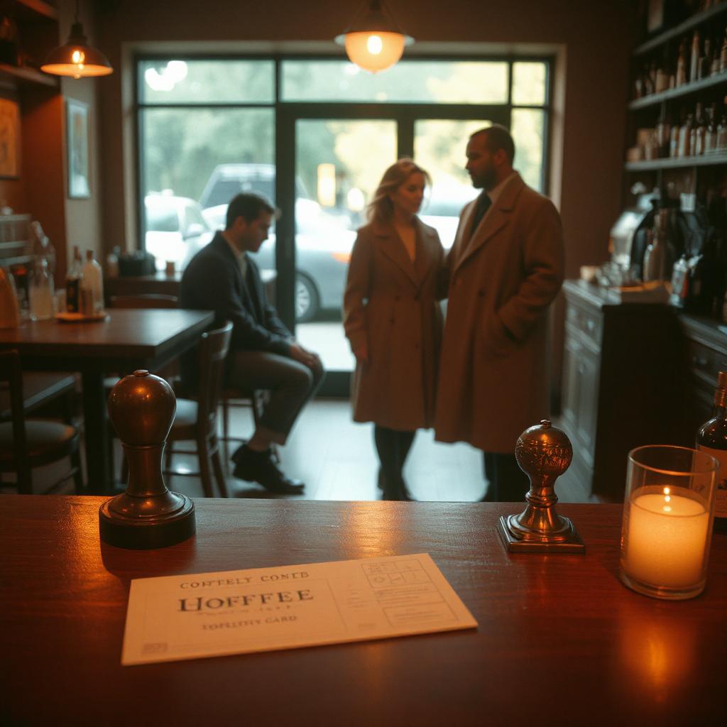 A coffee shop interior showing loyalty card stamps and a coffee loyalty card on a wooden counter in the foreground, with a solitary figure sitting alone in the background while a couple in coats stands together near the window preparing to leave.