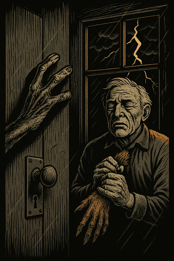 A dramatic woodcut-style illustration depicting an elderly man in terror, clutching the monkey's paw in his gnarled hands while standing at a window during a storm. Lightning illuminates the scene as a decaying, skeletal hand reaches menacingly toward the front door from outside. The man's face shows pure horror as he realises what stands beyond the threshold. Rain streaks the window panes and the entire scene is rendered in stark black lines with golden highlights, creating a Victorian gothic atmosphere