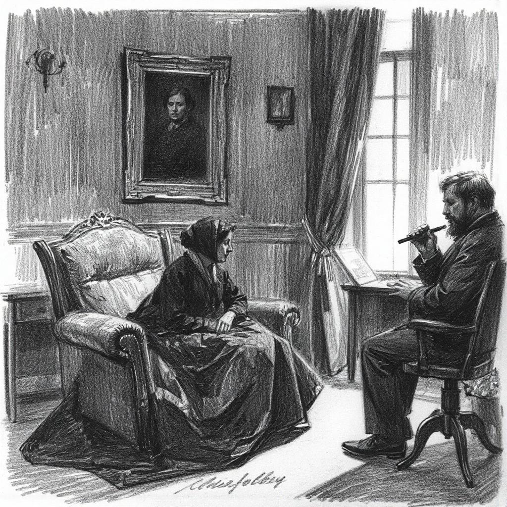 A Victorian-era illustration showing a formal drawing room scene. A woman in full black mourning dress sits on an ornate upholstered chair, her posture rigid with grief. Across from her, a bearded gentleman in period attire sits at a small table, taking notes. The room features heavy draped curtains, a framed portrait on the wall, and typical Victorian furnishings. The artistic style is reminiscent of 19th-century periodical illustrations, with fine line work and careful attention to domestic detail.