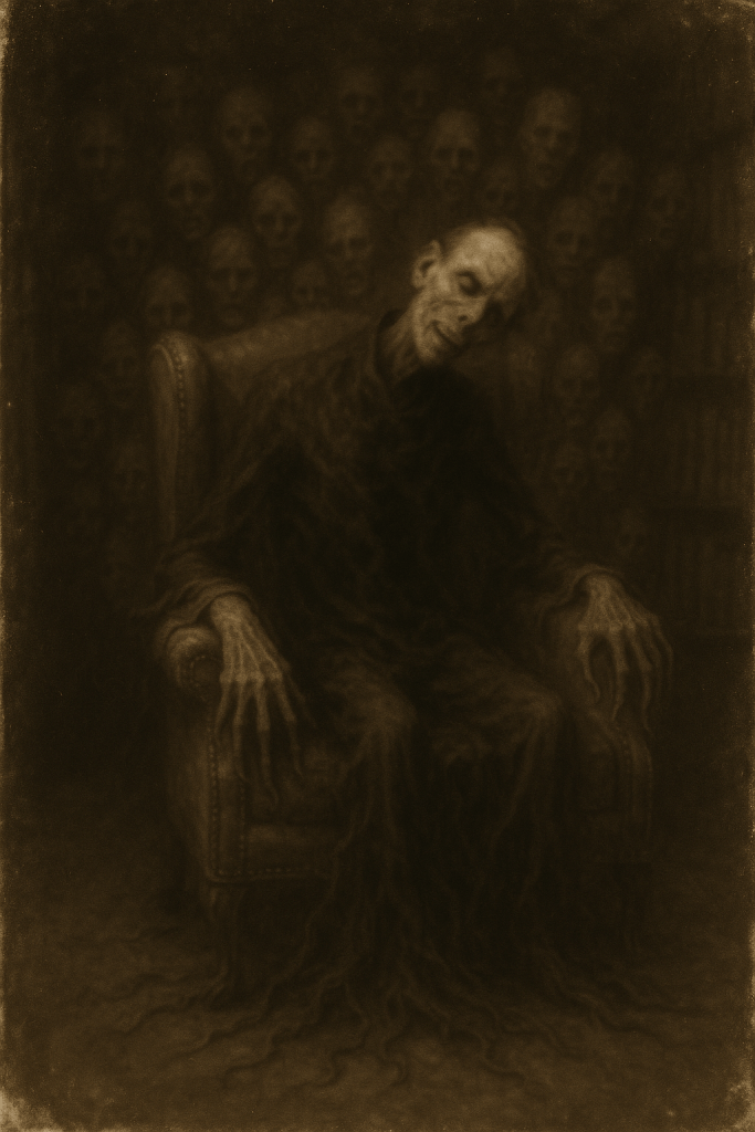 A sepia-toned, aged Victorian photograph showing a disturbing humanoid figure seated in what appears to be a chair. The entity has malformed facial features with wrong proportions and an unnaturally tilted head. Its hands are clearly non-human, resembling gnarled roots or tendrils rather than fingers. The figure emerges from dark, murky shadows that suggest other indistinct shapes lurking in the background. The image has the grainy, chemical-developed quality of 1880s photography but with a deeply unsettling wrongness that defies natural explanation.