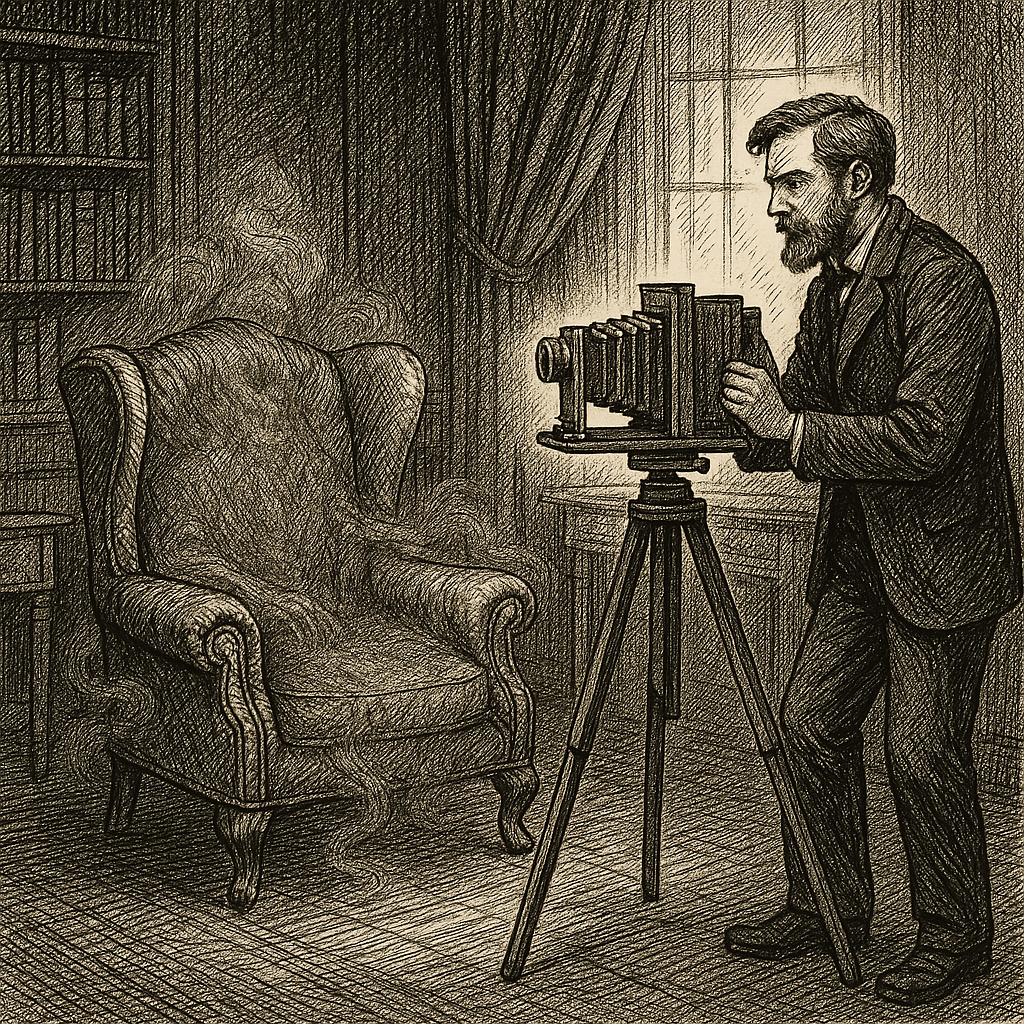 A Victorian-era pen and ink illustration showing a bearded photographer in formal attire operating a large wooden camera mounted on a tripod. He is focused on photographing an ornate wingback chair in what appears to be a well-appointed study. The room features heavy curtains, bookshelves, and period furnishings. The detailed etching style is characteristic of 19th-century periodical illustrations, with fine cross-hatching and careful attention to the photographic equipment and domestic setting.