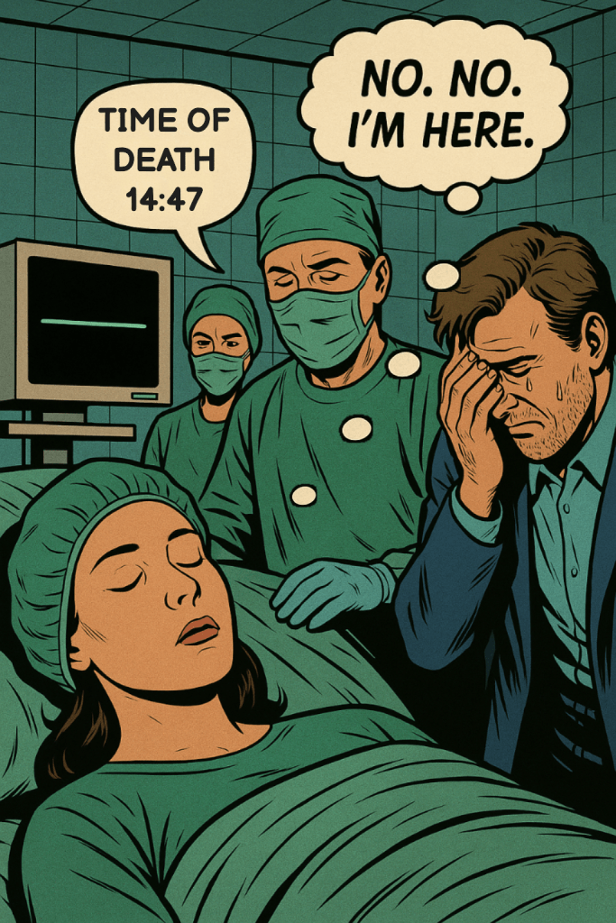A comic-style illustration of an operating theatre where a doctor announces "TIME OF DEATH 14:47" while the patient on the table has a thought bubble saying "NO, NO, I'M HERE" and a grieving man covers his face in the background