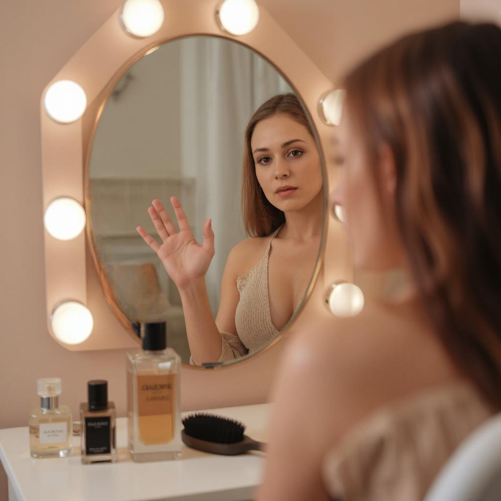 A woman sits at a vanity mirror with Hollywood-style bulbs, with perfume bottles and a hairbrush visible on the table; her reflection is waving while she is not