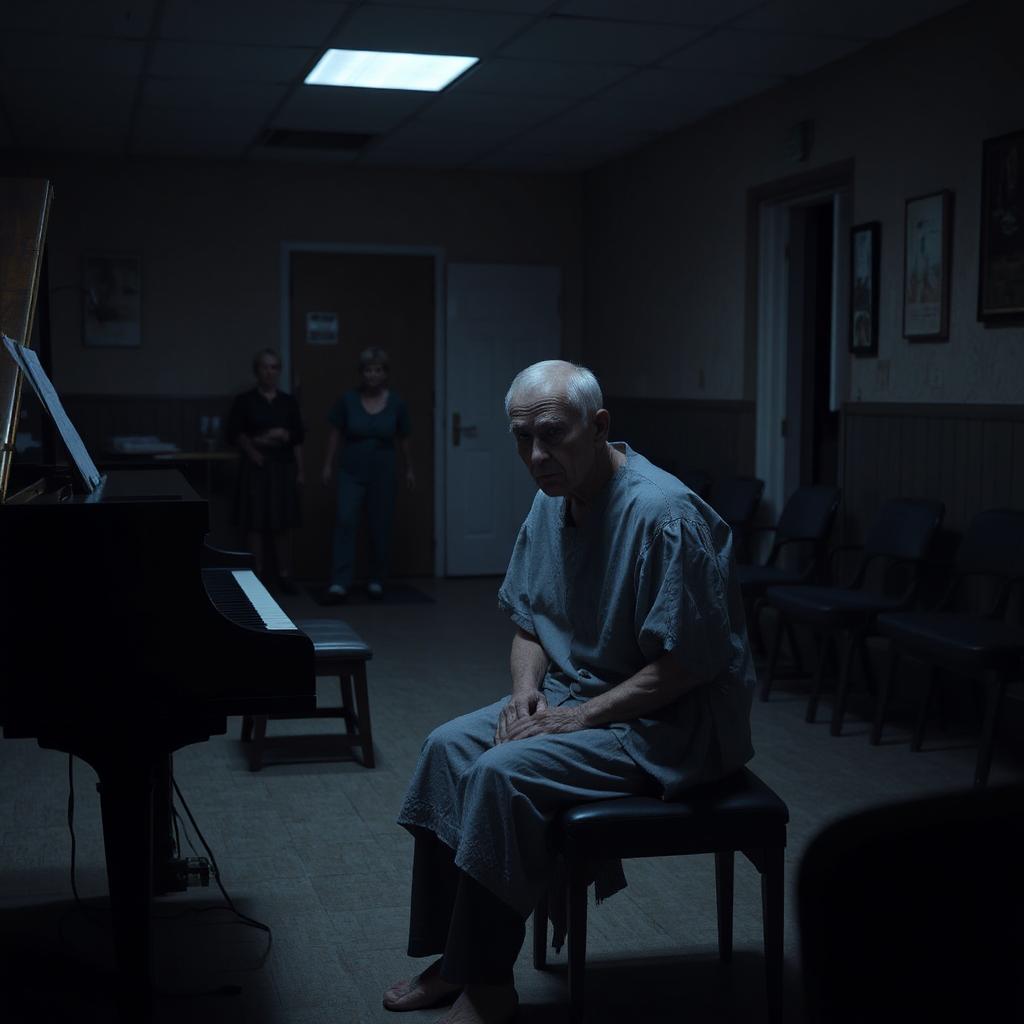 An elderly man in a hospital gown sits alone on a piano bench in a dimly lit nursing home recreation room. The scene is bathed in cold, institutional lighting from overhead fluorescents, creating an eerie atmosphere. Staff members can be seen as silhouettes in the background doorway, observing from a distance. The man appears contemplative but isolated, surrounded by typical nursing home furnishings including chairs and medical equipment. The harsh lighting and clinical setting emphasize the institutional environment while creating an unsettling mood that suggests something supernatural about the lone figure's presence.