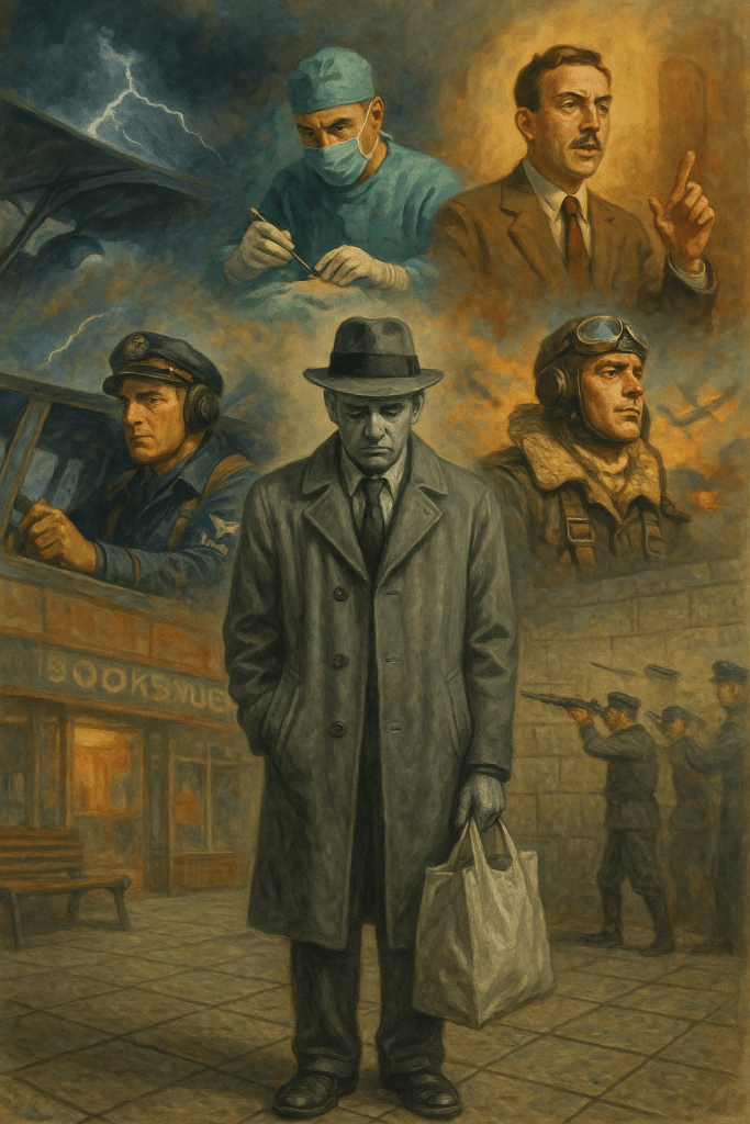 A man in a grey coat and hat stands on a street holding a shopping bag, while heroic fantasy figures float in the clouds above him - a surgeon, pilot, ship captain, and distinguished gentleman - illustrating the contrast between Walter Mitty's mundane reality and his elaborate daydreams.