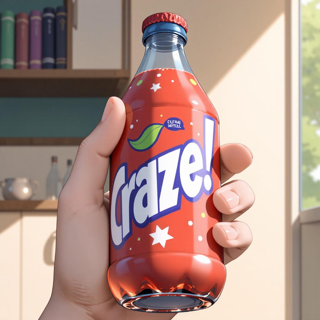A child's hand holding up a garishly-coloured soda bottle with the word "Craze!" on the label.