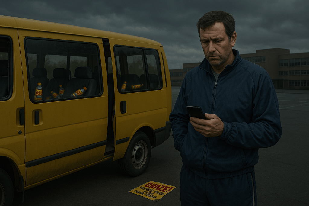 A PE teacher stares at his mobile phone with a worried expression, with a school minibus in the background. On the minibus are discarded, brightly-coloured soda bottles with the word "Craze!" on the labels, and on the ground is a flyer for this brand of soft drink. The dark clouds suggest an ominous mood.
