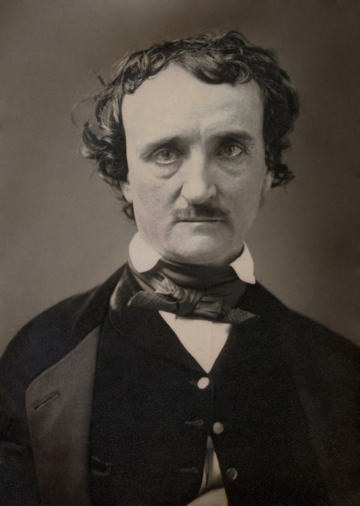 A black and white portrait photograph of the nineteenth-century American writer, Edgar Allan Poe (1809-1849).