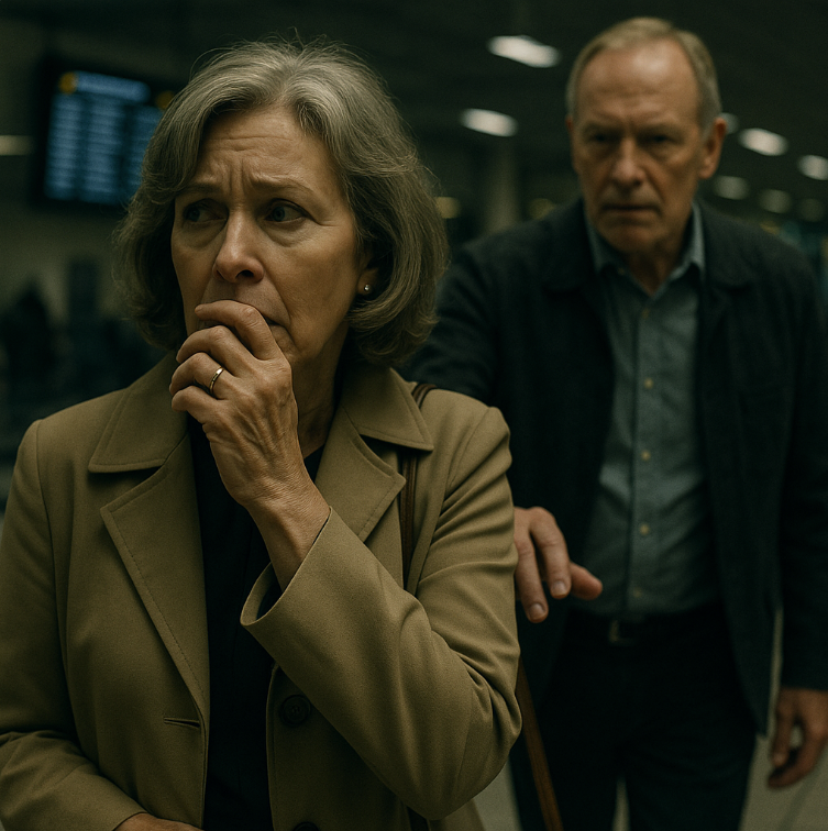 A woman in the queue at airport check-in holds her hand to her mouth in worry, aware that she is being followed by a man who is wearing an identical wedding ring to hers.