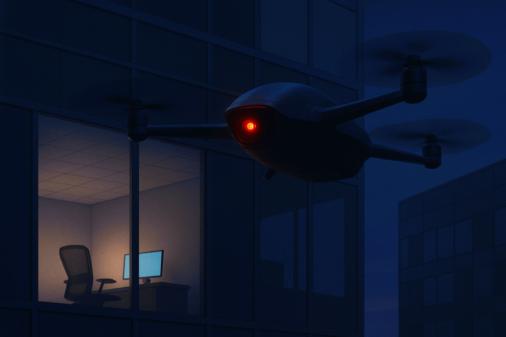 A dark drone with a glowing red camera eye hovers outside a modern office building at night, watching through windows that reveal an empty desk chair and glowing computer monitors inside