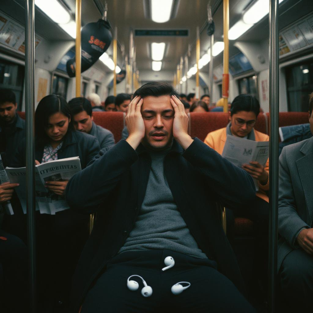 Man in distress on crowded train, hands to head, with wireless earbuds on his lap while other passengers read newspapers obliviously.