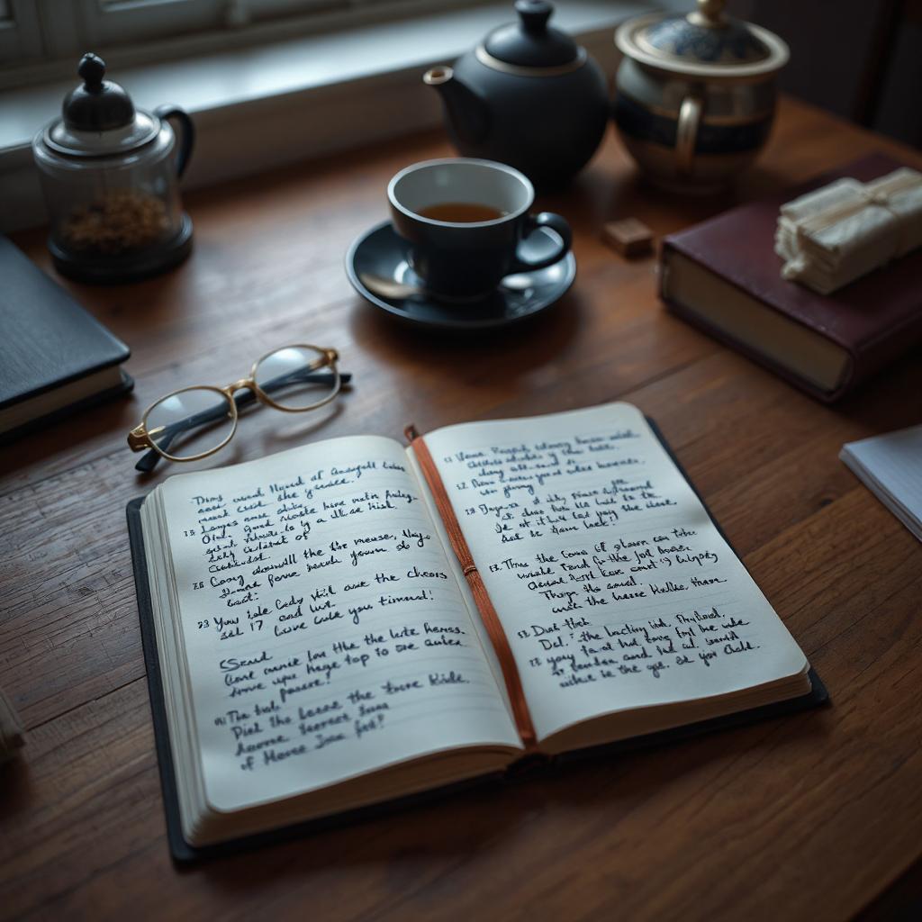 An open leather-bound diary with handwritten entries in blue ink sits on a wooden table, surrounded by a dark teacup and saucer, reading glasses, a teapot, and other books. The diary pages show neat, cursive handwriting with dated entries. Soft natural lighting creates a cosy, domestic atmosphere.