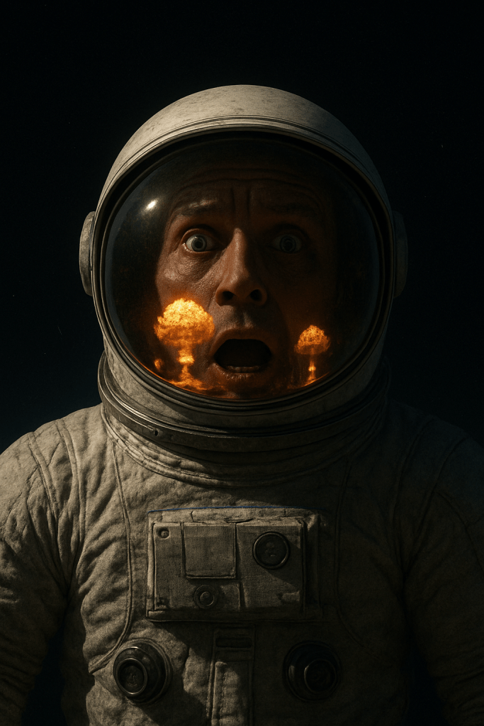 An astronaut sees the mushroom clouds from nuclear explosions, which are reflected in his visor. His expression is of pure terror, and his mouth is wide, as if to scream.