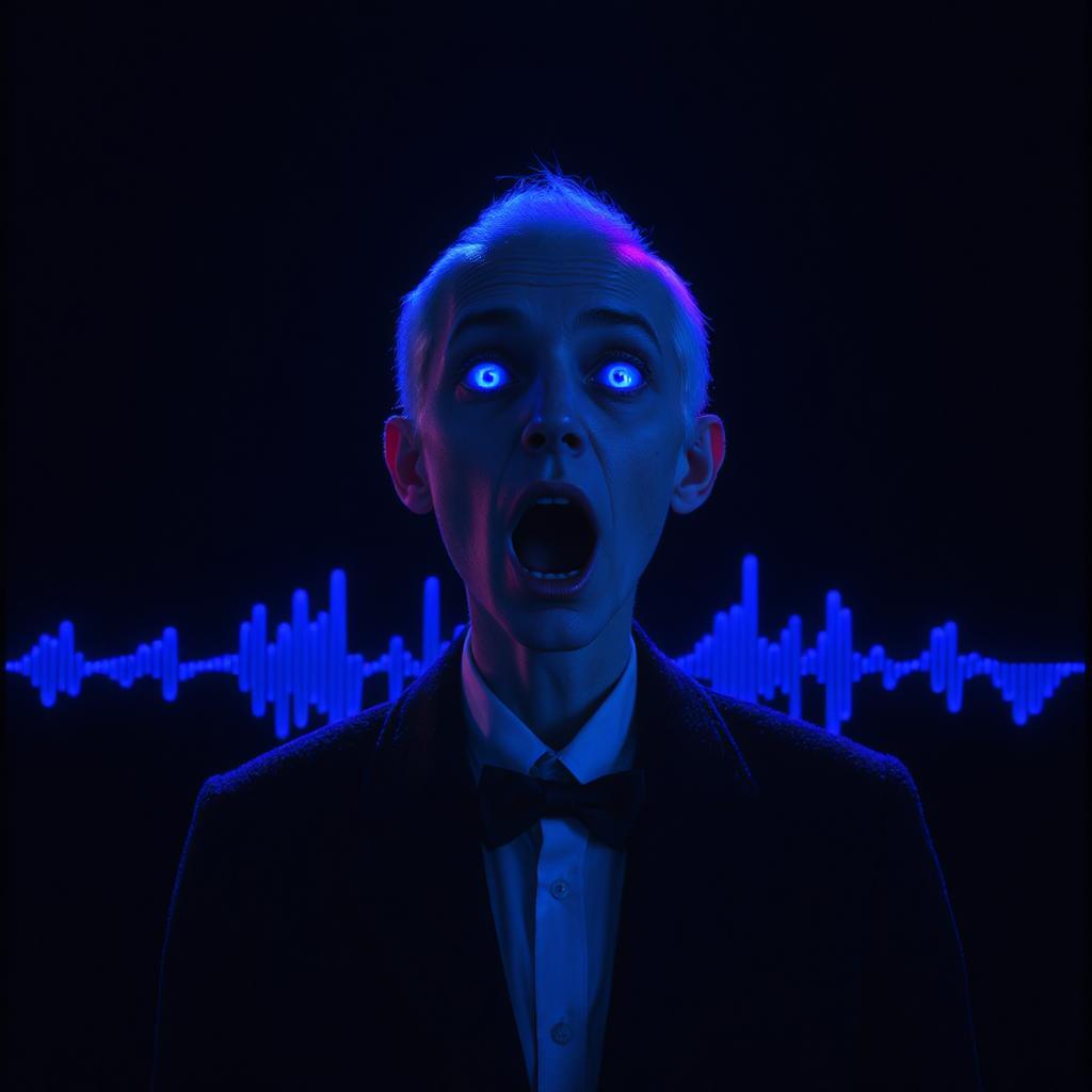 A pale, gaunt man in formal evening wear with an unnaturally wide open mouth and glowing blue eyes, surrounded by flowing blue audio waveforms against a black background. The figure appears menacing and inhuman, with the sound waves seeming to emanate from his open mouth.
