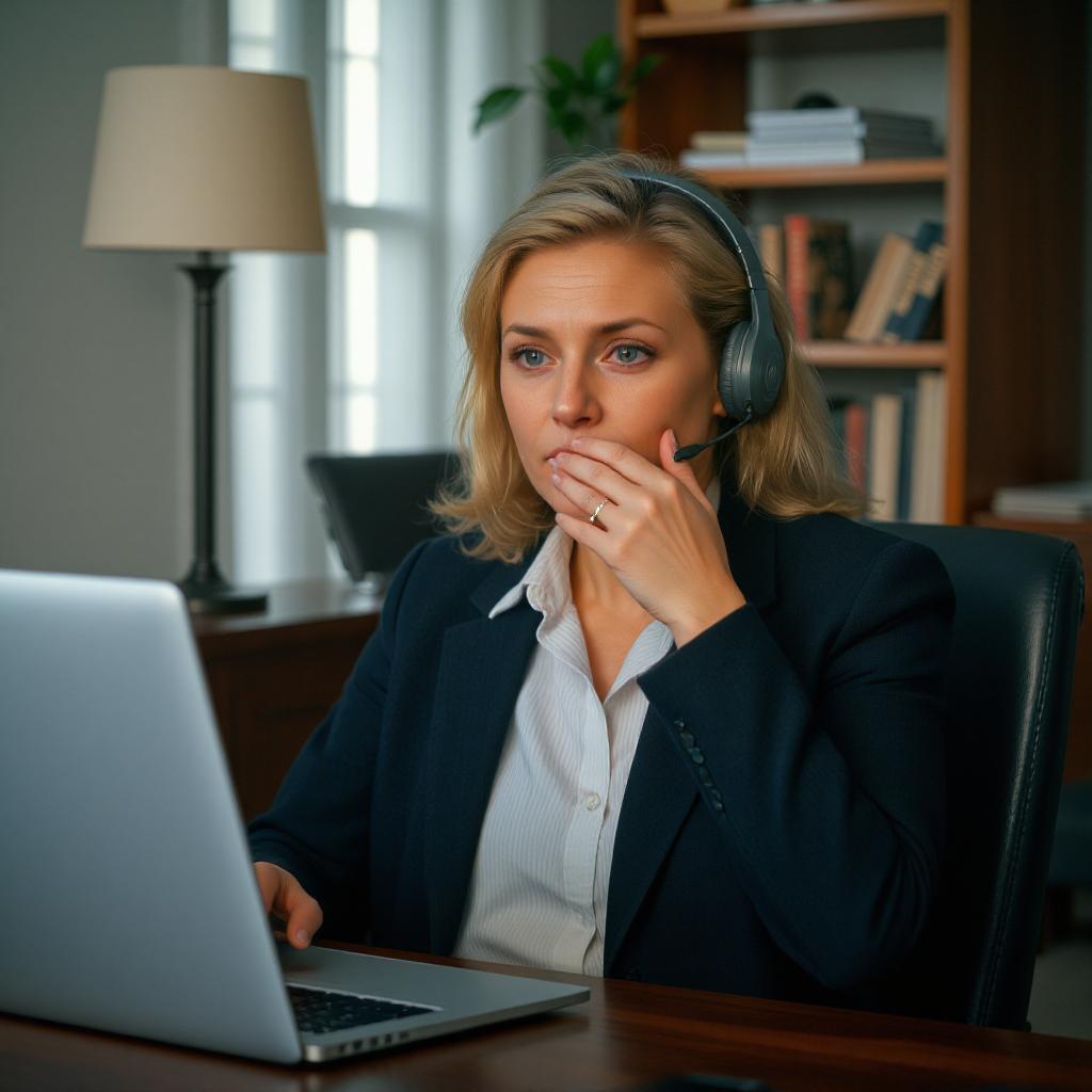 A businesswoman wearing a sharp suit and headset raises her hand to her mouth in shock at what she sees on her laptop screen.