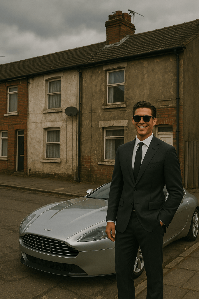 A man wearing an expensive suit and sunglasses stands next to an Aston Martin sports car. His Hollywood-style looks are in stark contrast to the tired-looking terrace housing in the background.