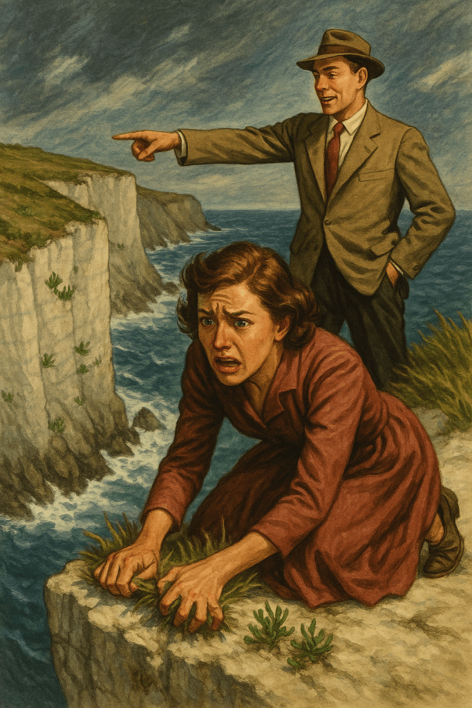 A 1950s-style illustration showing a woman crouched in terror at the edge of a white chalk cliff, gripping the rocky ledge with desperate hands while staring down at the deadly drop below. Behind her, a man in a brown suit and hat stands confidently, pointing casually toward samphire plants growing on the cliff face, completely oblivious to her fear. The woman's face shows genuine panic and desperation, while his relaxed posture and cheerful gesture reveal his callous indifference to her suffering. The scene captures the psychological abuse central to Patrick O'Brian's "Samphire," with the cliff edge serving as a metaphor for their relationship pushed to its breaking point.