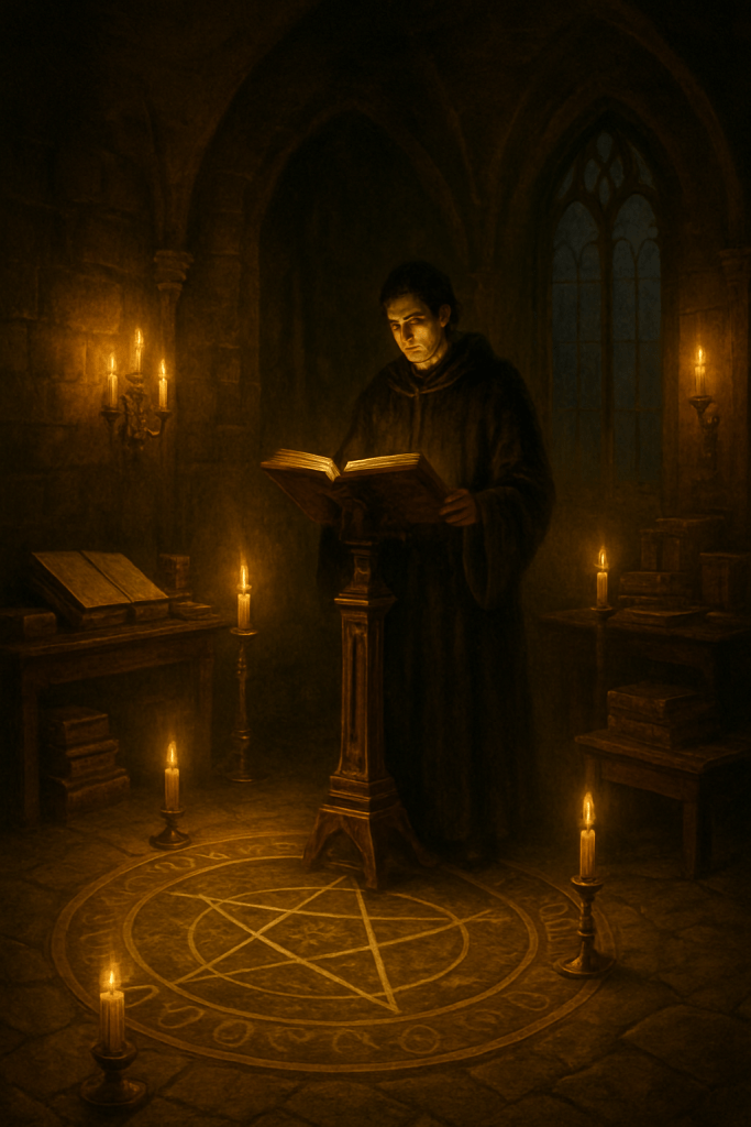 A young scholar in dark robes stands reading from an ancient tome in a gothic stone chamber. He's surrounded by flickering candles and positioned within an ornate summoning circle carved into the floor. Gothic arched windows and medieval stone architecture create a foreboding atmosphere in the candlelit occult study.