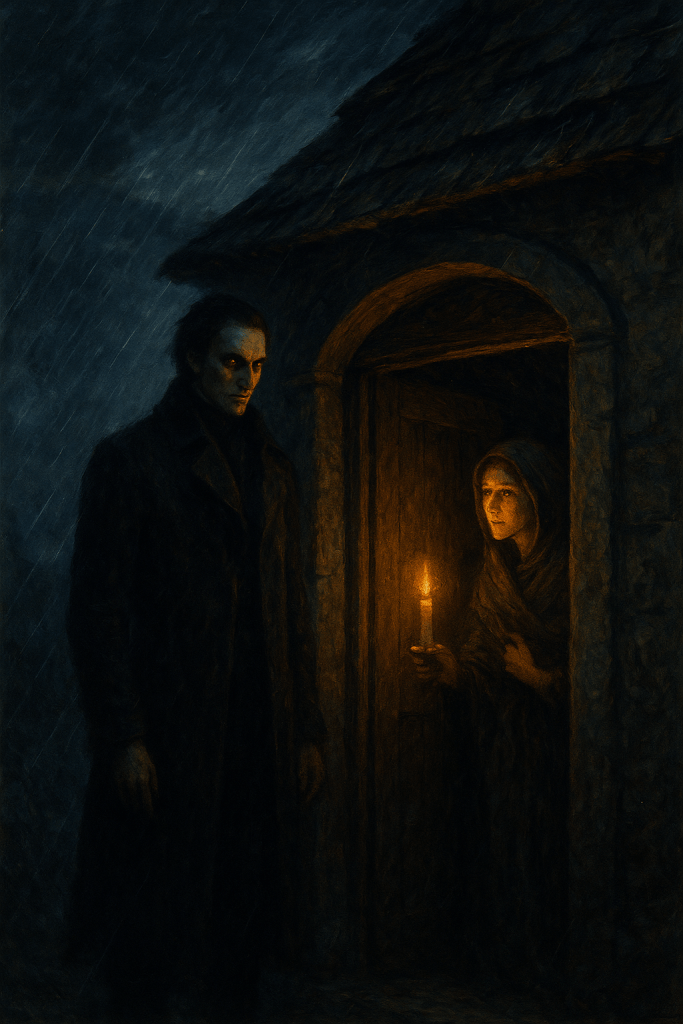 A Victorian man in a dark coat stands at a cottage door on a stormy night. A woman wearing a shawl and holding a candle has answered the door, and the scene is lit by the dull, grey moonlight and the warmer amber glow of the candle.