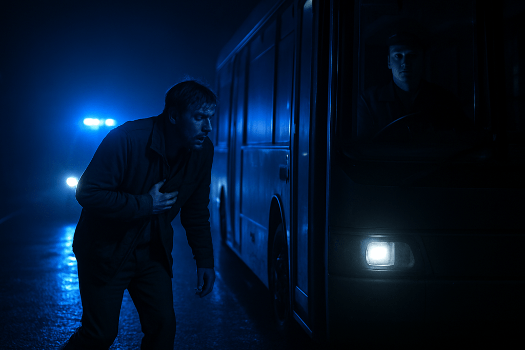 A man in dark clothing hunched over and clutching his side while boarding a dimly lit bus at night. The mysterious bus driver, barely visible in the shadows, has a pale, expressionless face. An ambulance light casts a blue glow over the whole scene, creating an eerie, otherworldly atmosphere.