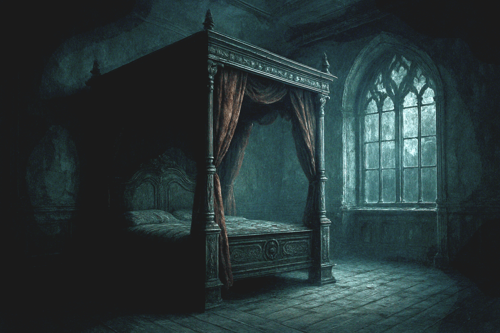 A dark, imposing four-poster bed with burgundy curtains in a gothic bedroom. Pale light filters through a tall arched window, casting shadows across the empty, decaying room.