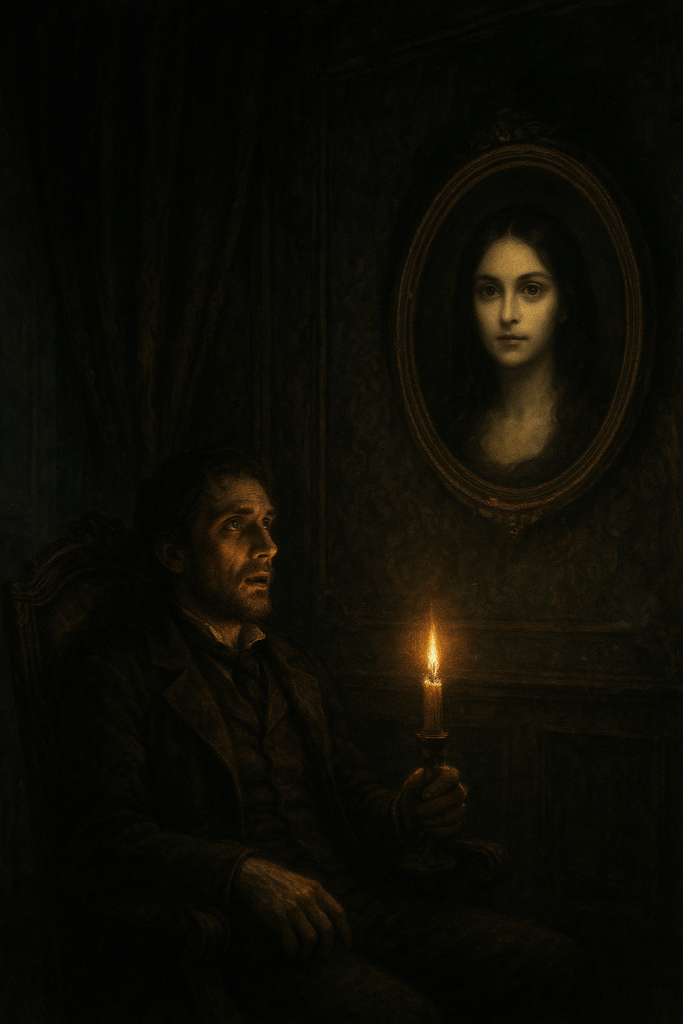 A dark Gothic scene showing a man in period clothing holding a candle while gazing up at an oval portrait on a shadowy wall. The portrait depicts a young woman with an unnaturally lifelike quality - her eyes seem to follow the viewer and her face glows with an eerie luminescence that contrasts sharply with the surrounding darkness. The man's expression shows fascination mixed with unease as he discovers the mysterious painting. The candlelight creates dramatic shadows in what appears to be an abandoned, richly decorated interior, perfectly capturing the supernatural atmosphere of Edgar Allan Poe's "The Oval Portrait" where art becomes more alive than life itself.