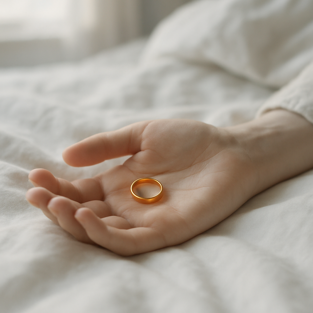 A woman's pale hand lies open on white bedsheets, palm up, holding a simple gold wedding ring. The ring glows warmly in soft, diffused light against rumpled white fabric. The hand appears peaceful and still, suggesting rest or sleep.