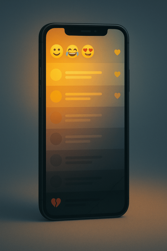A phone showing a brightly-coloured newsfeed with happy emojis at the top of the screen, becoming progressively darker toward the bottom of the screen, culminating in a broken-heart emoji.