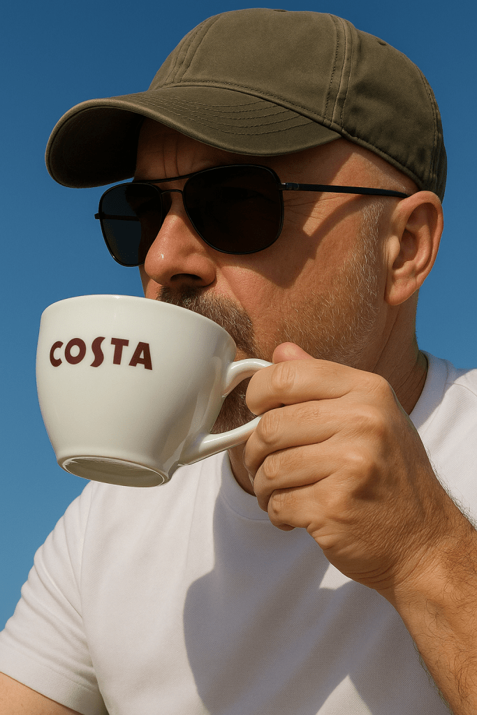 Andy wearing dark glasses and a baseball cap, and drinking coffee from a Costa cup.