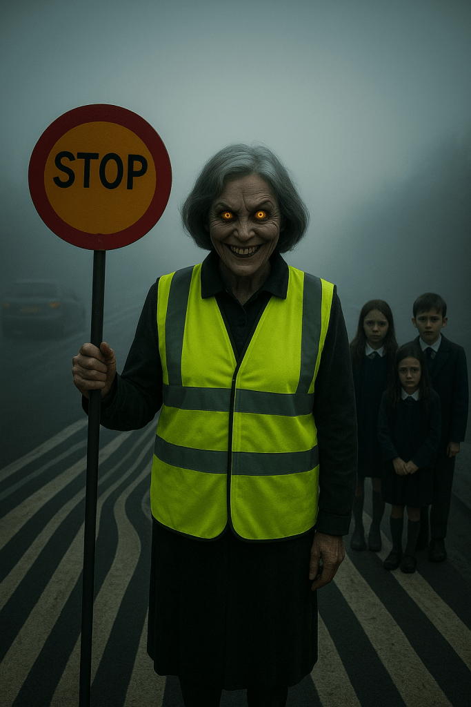 Terrifying crossing guard with glowing eyes and predatory smile holding STOP sign on zebra crossing, with frightened school children visible in foggy background.