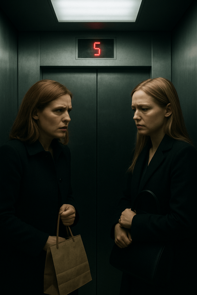 Two women face each other in a modern lift interior with brushed metal walls and harsh fluorescent lighting. The digital floor display shows '5' in red numbers. The woman on the left has shoulder-length brown hair and holds a paper shopping bag, while the woman on the right has longer blonde hair and wears dark clothing. Both have tense, serious expressions suggesting an emotionally charged conversation. The confined space creates an atmosphere of claustrophobia and confrontation.